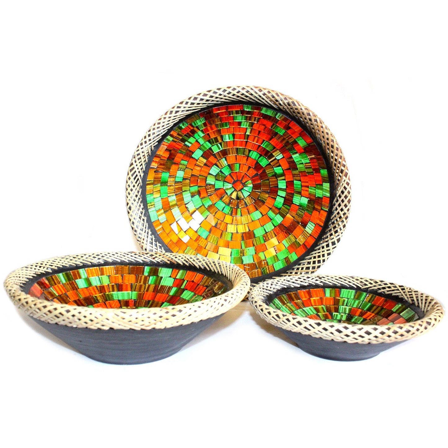 Set of Three Rattan Mosaic Bowls - Ruby Dusk