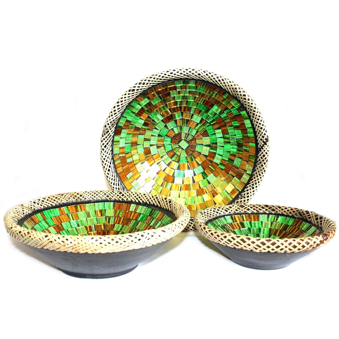Set of Three Rattan Mosaic Bowls - Golden Moss