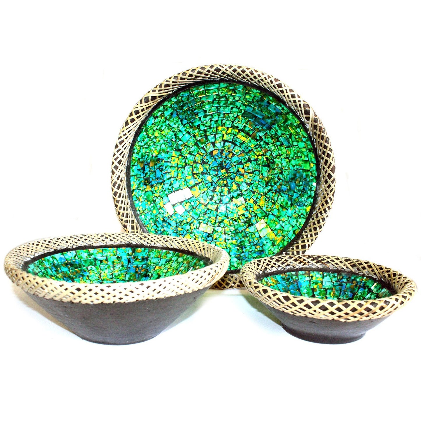 Set of Three Rattan Mosaic Bowls - Golden Green