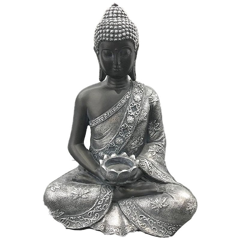 Thai Buddha Figurine Black & Silver - Calming Tea Light Holder