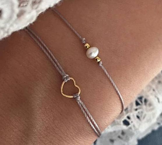 2pc Simulated Pearl Bracelet Silver Colour Charm Braided Heart Bracelets Bangles