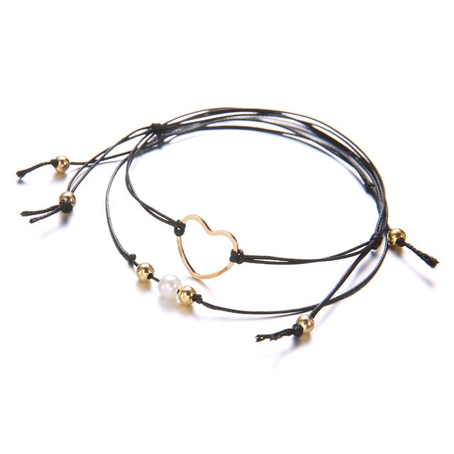 2pc Simulated Pearl Bracelet Silver Colour Charm Braided Heart Bracelets Bangles