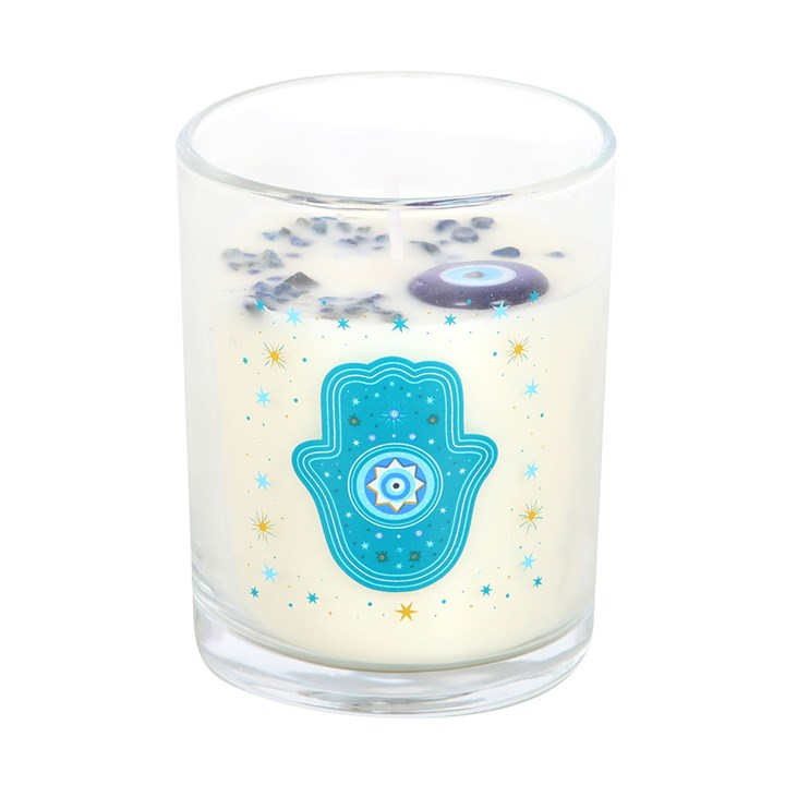 Hand of Hamsa White Rose Candle with Crystals