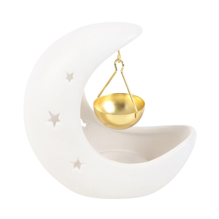 White Crescent Moon Oil Burner with Gold Dish
