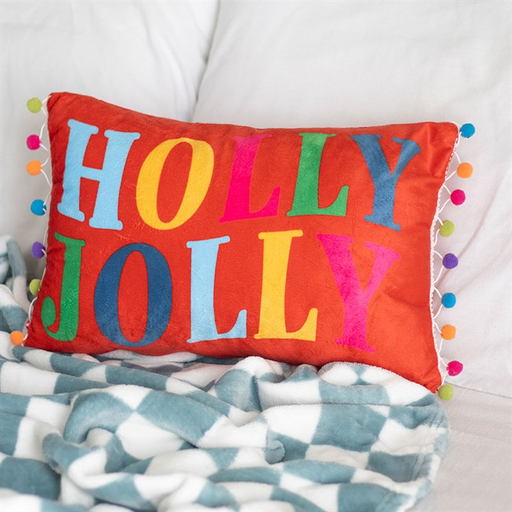 Red Holly Jolly Cushion with Pom Poms
