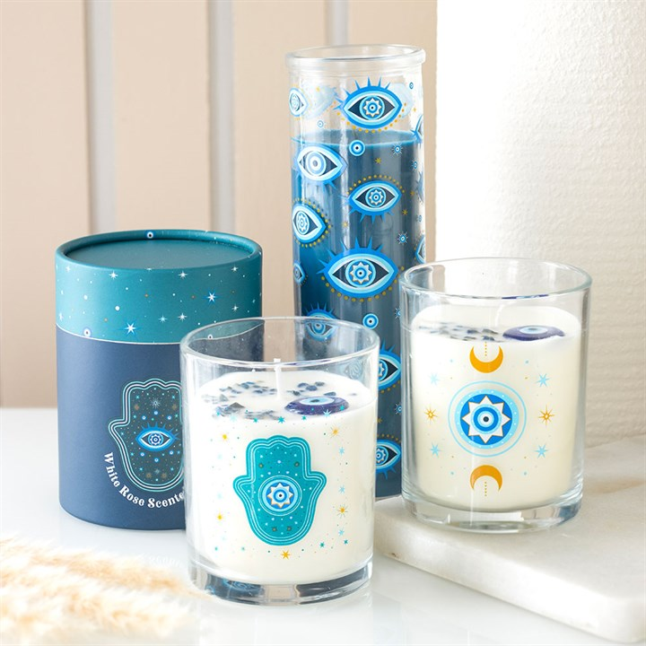 Under Watchful Eyes White Rose Candle with Crystals