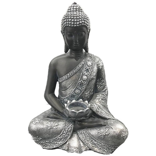 Thai Buddha Figurine Black & Silver - Calming Tea Light Holder